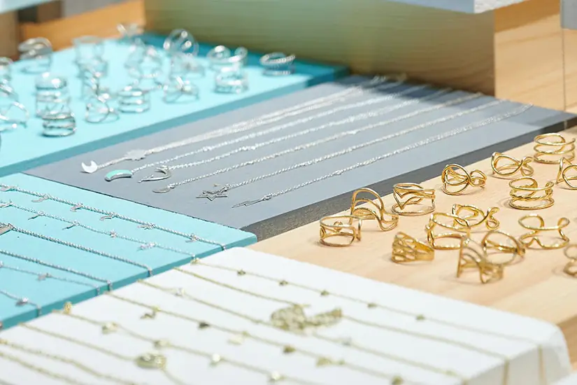 A jewellery counter, laid out before opening.